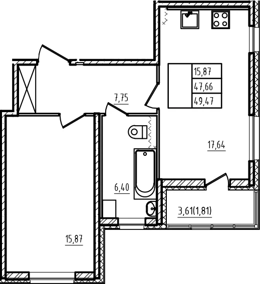Планировка: Евродвушка 47,7 м² в ЖК «Новая история»