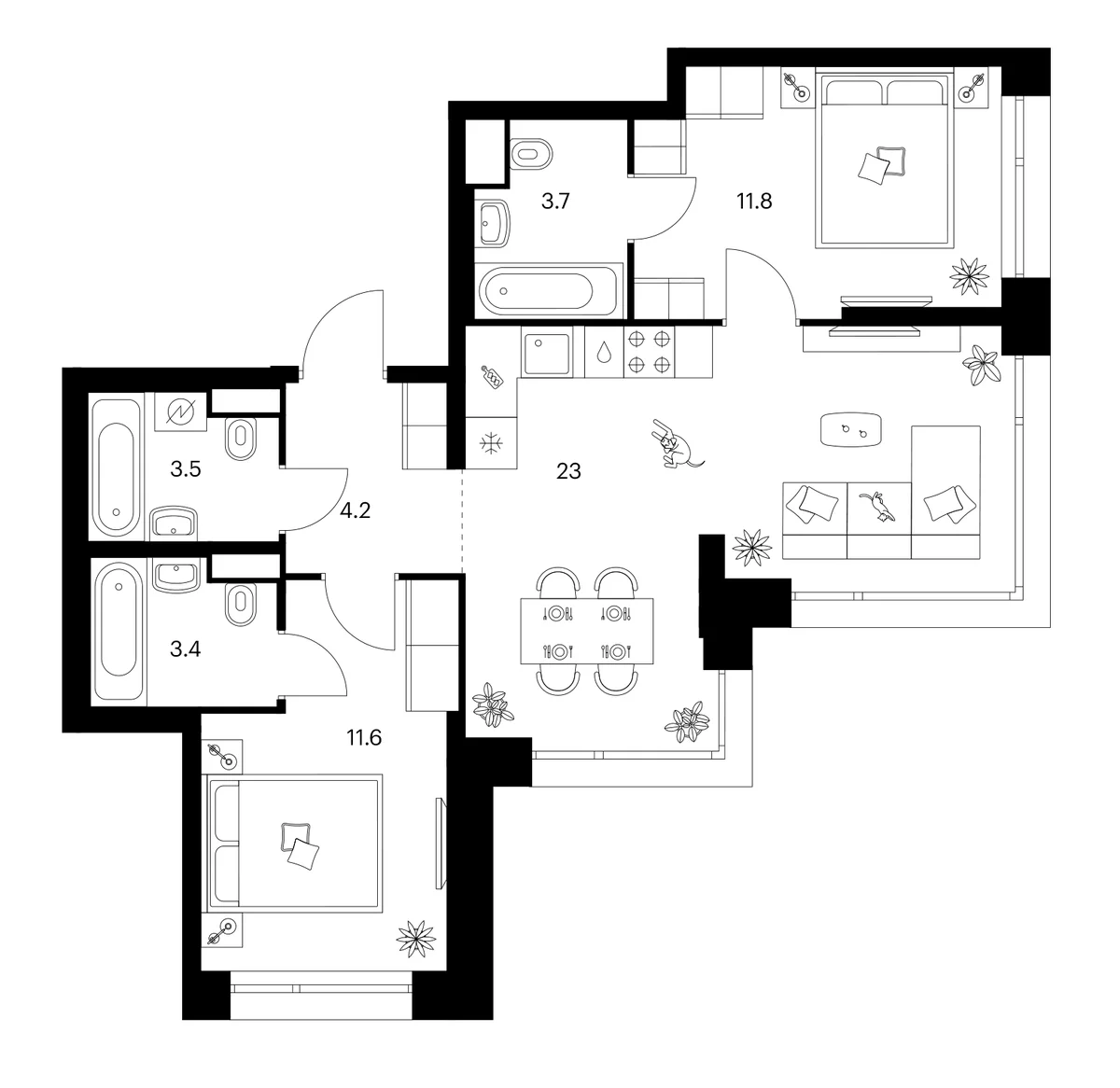 Планировка: 2-комнатная квартира 61,2 м² в ЖК «Строгино 360»