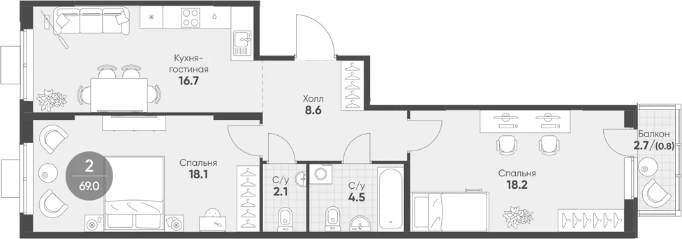 Планировка: Евротрёшка 68,2 м² в ЖК «Ягодное Река Парк»