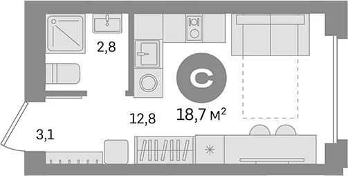Планировка: Студия 18,7 м² в ЖК «Первый квартал. Вторая очередь»