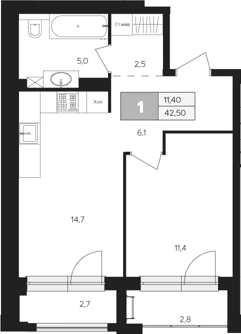 Планировка: 1-комнатная квартира 39,8 м² в ЖК «Ласточкино»