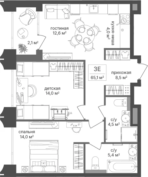 Планировка: Евротрёшка 63 м² в ЖК «Петровский Парк II»