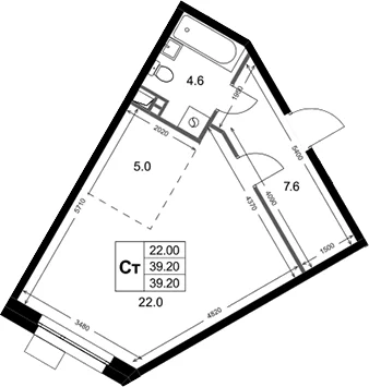 Планировка: Студия 39,2 м² в ЖК «Кореневский Форт 2.3»