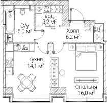 Планировка: 1-комнатная квартира 45,4 м² в ЖК «СЕЗАР БУДУЩЕЕ»