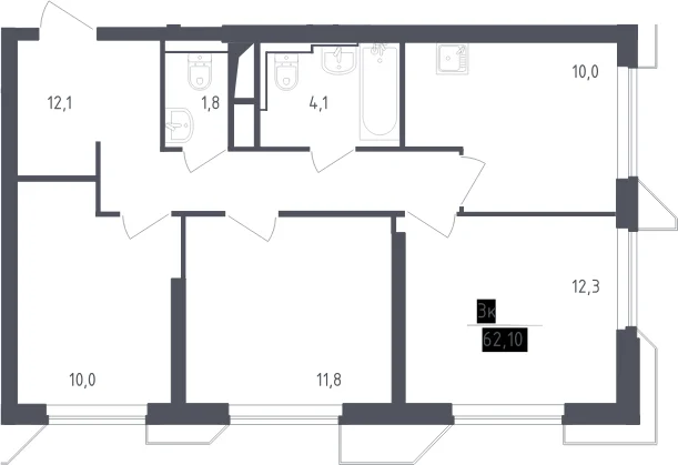 Планировка: 3-комнатная квартира 62,1 м² в ЖК «Скай Спутник»