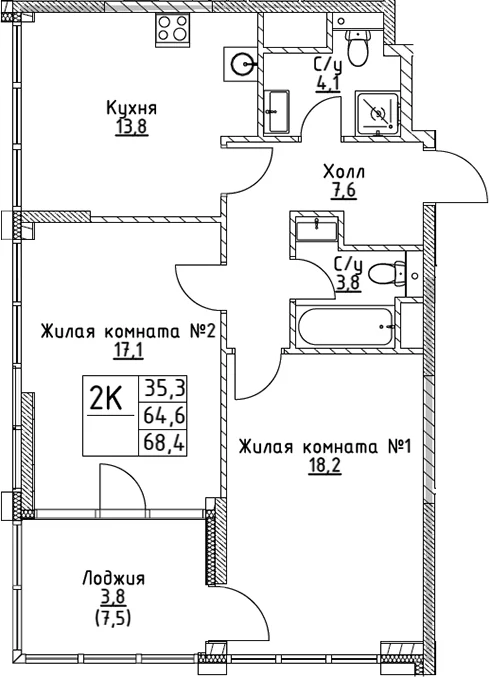 Планировка: 2-комнатная квартира 64,6 м² в ЖК «ВЭРИ на Миклухо-Маклая»