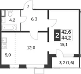 Планировка: Евродвушка 42,6 м² в ЖК «Южная Битца»