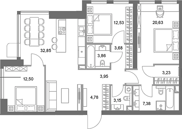 Планировка: 3-комнатная квартира 108,5 м² в ЖК «ФАЙВ ТАУЭРС»