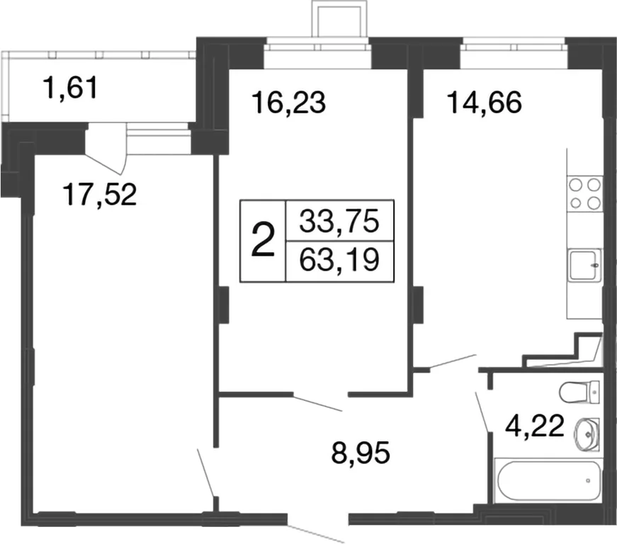 Планировка: 2-комнатная квартира 61,6 м² в ЖК «Времена года»