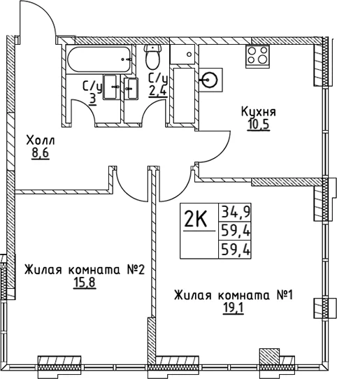 Планировка: 2-комнатная квартира 59,4 м² в ЖК «ВЭРИ на Миклухо-Маклая»