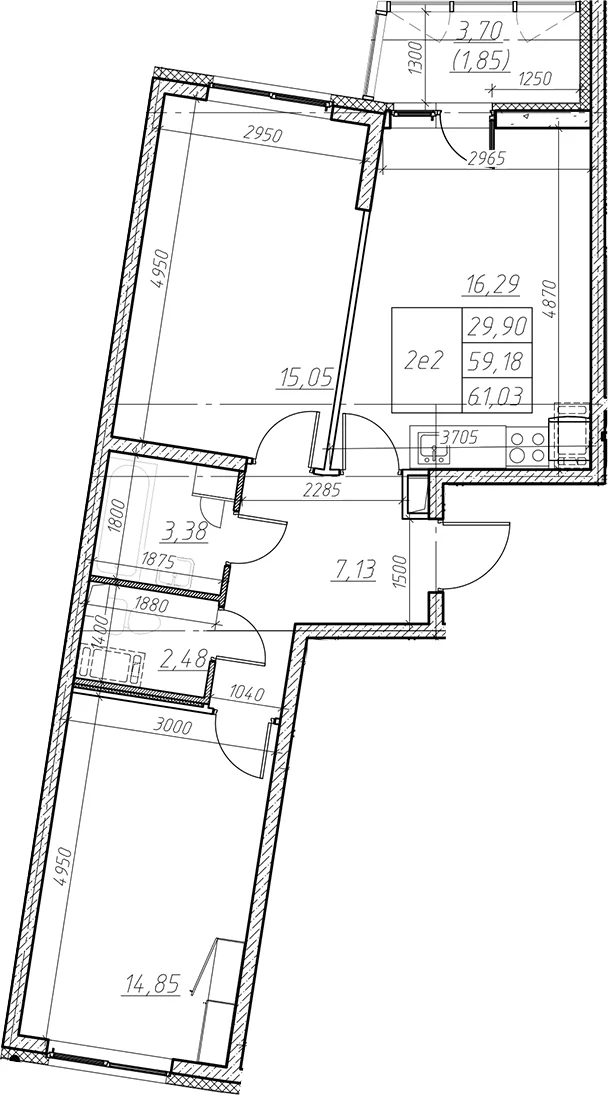 Планировка: Евротрёшка 59,2 м² в ЖК «Левитан»