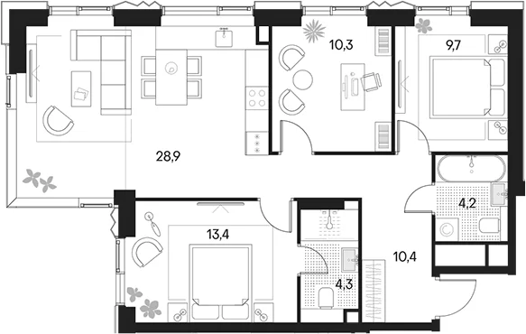 Планировка: Квартира евро-4 81,1 м² в ЖК «Клубный город на реке Примавера»