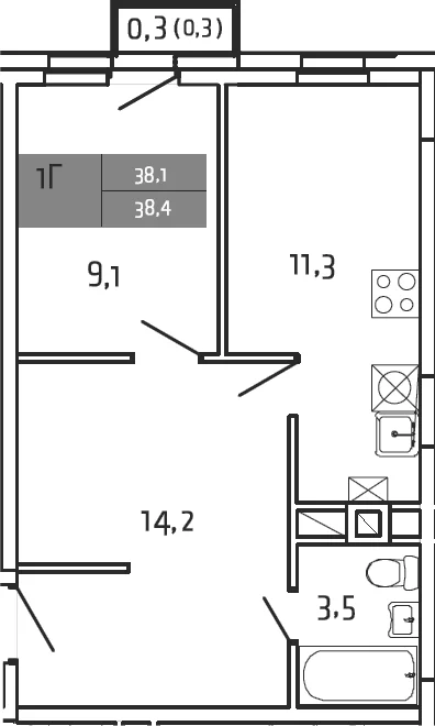 Планировка: 1-комнатная квартира 38,1 м² в ЖК «Южная Долина»