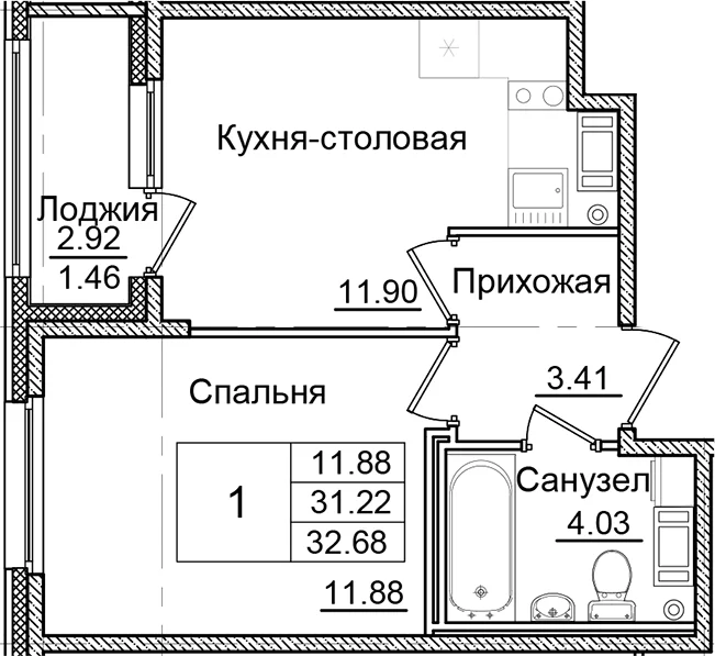 Планировка: 1-комнатная квартира 31,2 м² в ЖК «Квартал Заречье»