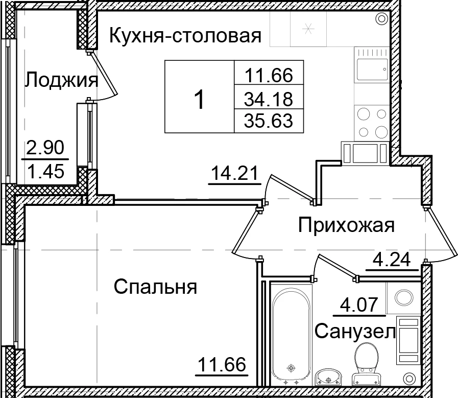 Планировка: 1-комнатная квартира 34,2 м² в ЖК «Квартал Заречье»