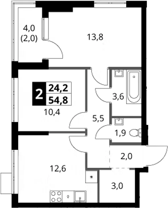 Планировка: 2-комнатная квартира 52,8 м² в ЖК «1-й Ясеневский»