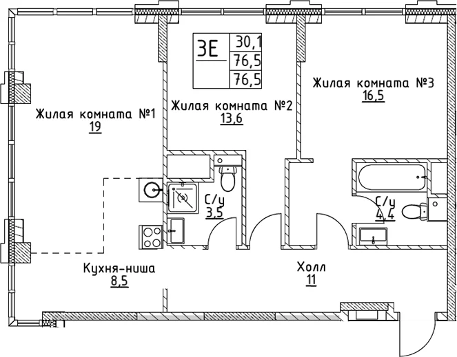 Планировка: Евротрёшка 76,5 м² в ЖК «ВЭРИ на Миклухо-Маклая»