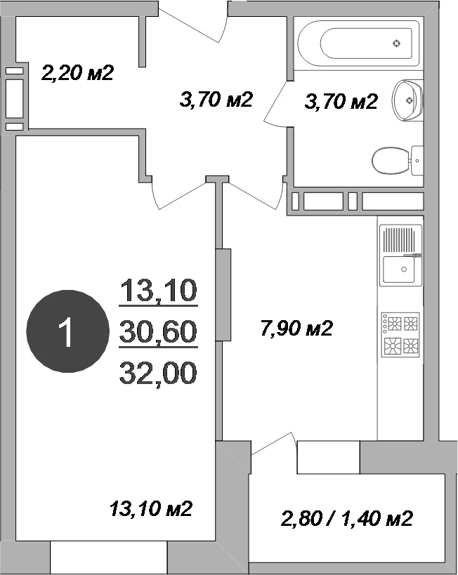 Планировка: 1-комнатная квартира 30,6 м² в ЖК «Новые Островцы»