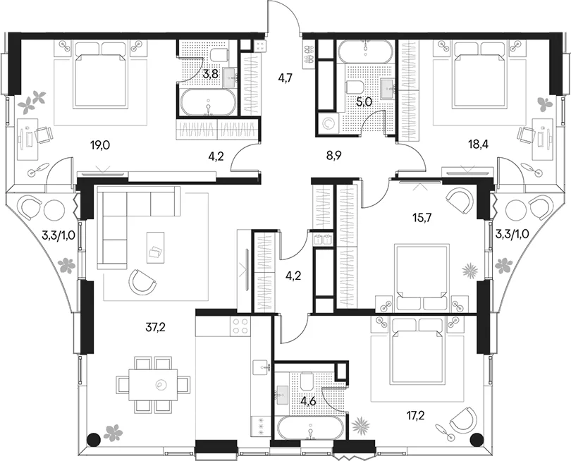 Планировка: Квартира евро-5 142,8 м² в ЖК «Клубный город на реке Примавера»