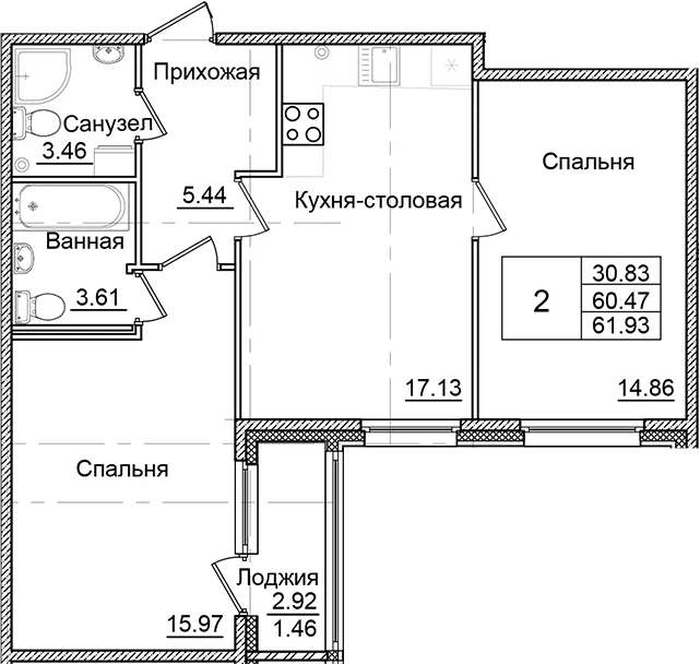 Планировка: 2-комнатная квартира 60,5 м² в ЖК «Квартал Заречье»