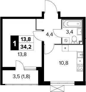 Планировка: 1-комнатная квартира 32,4 м² в ЖК «Южная Битца»