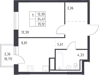 Планировка: 1-комнатная квартира 34,4 м² в ЖК «Квартал Лаголово»
