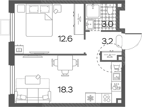 Планировка: Евродвушка 37,1 м² в ЖК «Лучи»