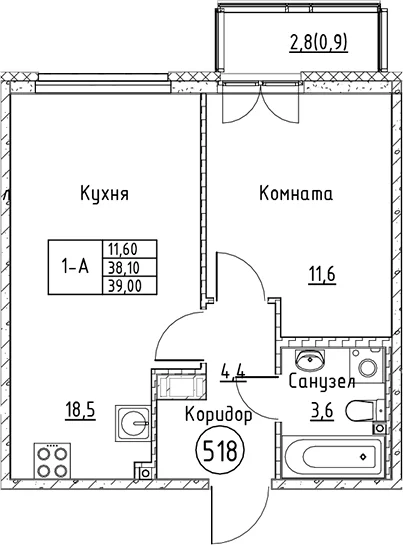 Планировка: Евродвушка 38,1 м² в ЖК «Кронунг Юг»