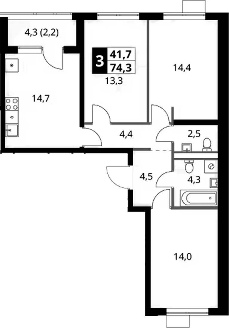 Планировка: 3-комнатная квартира 72,1 м² в ЖК «1-й Ясеневский»