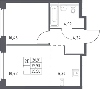 Планировка: Евродвушка 35,6 м² в ЖК «Космический Квартал»
