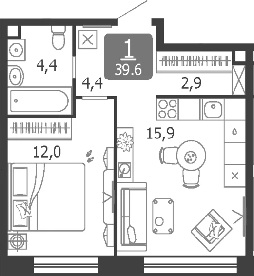 Планировка: Евродвушка 39,6 м² в ЖК «Шагал»