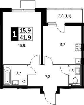 Планировка: 1-комнатная квартира 41 м² в ЖК «Южная Битца»