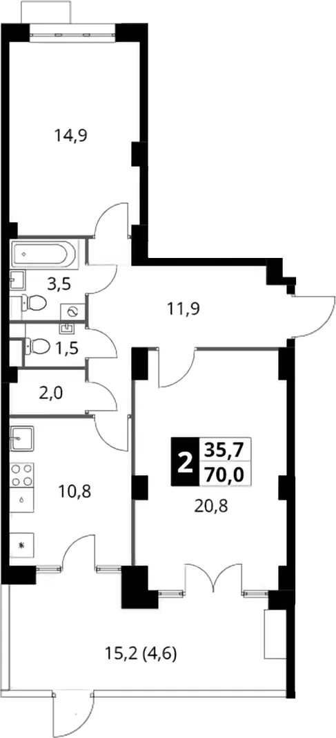Планировка: 2-комнатная квартира 65,4 м² в ЖК «Южная Битца»