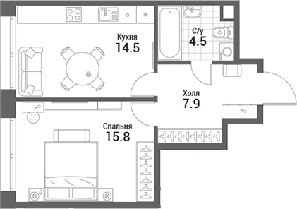 Планировка: 1-комнатная квартира 42,7 м² в ЖК «Нагатино Ай-Лэнд»