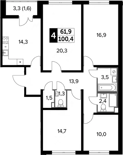 Планировка: 4-комнатная квартира 98,8 м² в ЖК «Южная Битца»