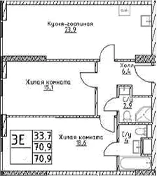 Планировка: Евротрёшка 70,9 м² в ЖК «Наметкин Тауэр»