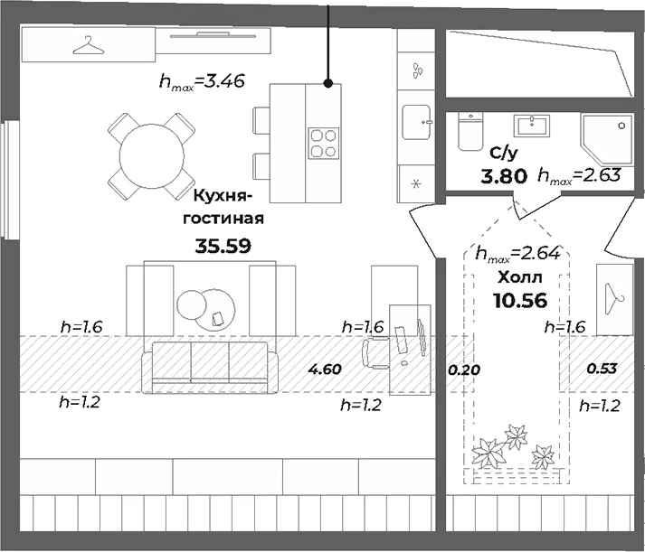 Планировка: Студия 55,3 м² в ЖК «Апарт-отель Лиговский 127»