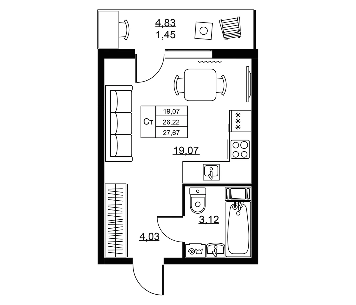 Планировка: Студия 26,2 м² в ЖК «Пулковское, 34»