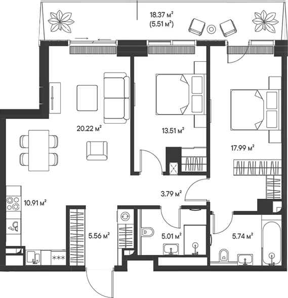 Планировка: Евротрёшка 82,7 м² в ЖК «Джойс»