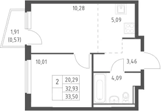 Планировка: Евродвушка 32,9 м² в ЖК «Егорово парк»