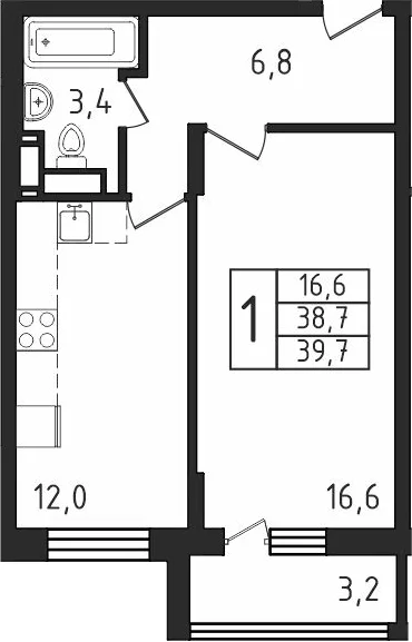 Планировка: 1-комнатная квартира 38,7 м² в ЖК «Пироговская ривьера»