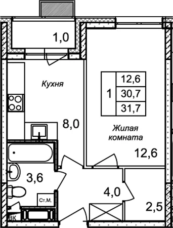 Планировка: 1-комнатная квартира 30,7 м² в ЖК «Квартал Светлый»