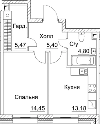 Планировка: 1-комнатная квартира 43,3 м² в ЖК «СЕЗАР СИТИ»