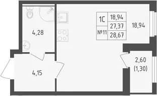 Планировка: Студия 27,4 м² в ЖК «Южная Нева»