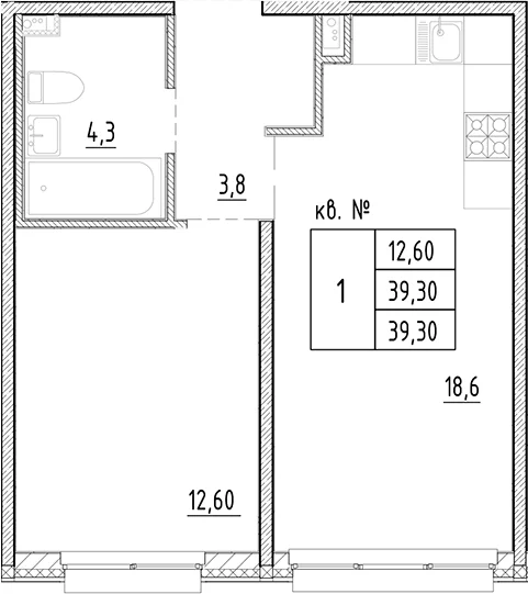 Планировка: Евродвушка 39,3 м² в ЖК «Плюс Пулковский»