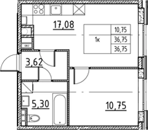 Планировка: Евродвушка 36,8 м² в ЖК «Соло.Петергоф»