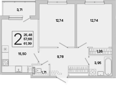 Планировка: 2-комнатная квартира 57,7 м² в ЖК «ЮгТаун. Олимпийские кварталы»