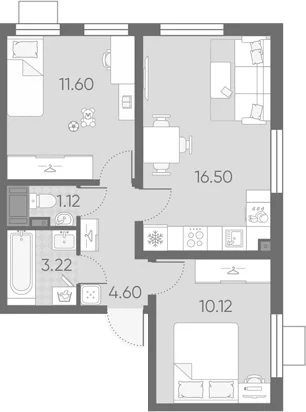 Планировка: Евротрёшка 47,2 м² в ЖК «Морская миля»