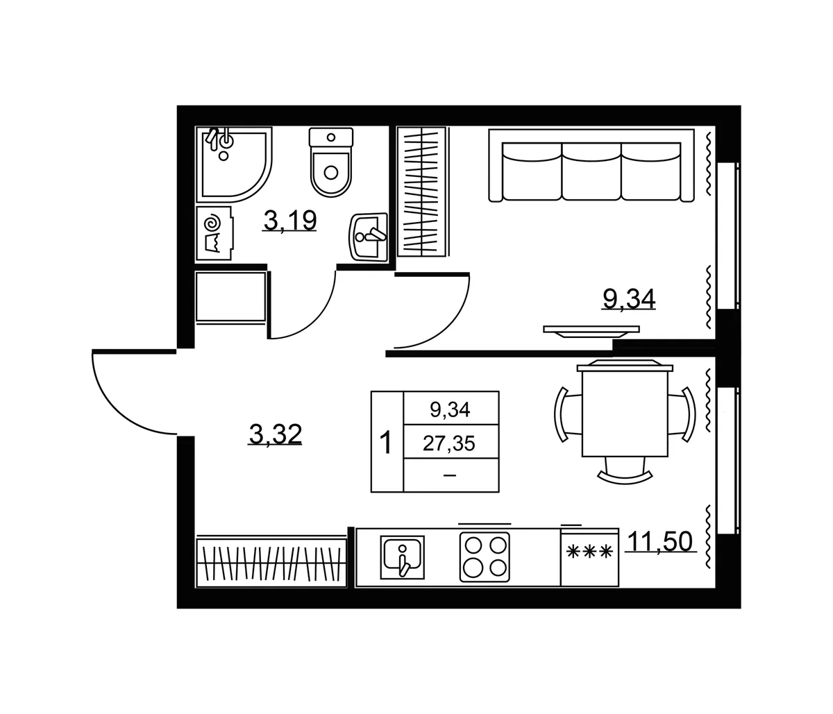 Планировка: 1-комнатная квартира 27,4 м² в ЖК «Пулковское, 34»