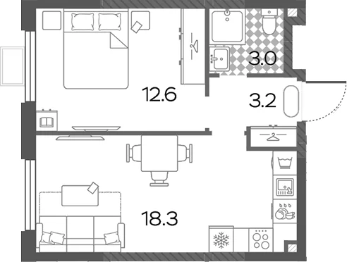 Планировка: Евродвушка 37,1 м² в ЖК «Лучи»